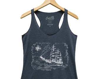 Womens Tank Top, Sailing Ship Tank Top, Screen Print, Graphic Tee, Beach Tank Top, Women Fashion, Blue Tank Top, White Tank Top