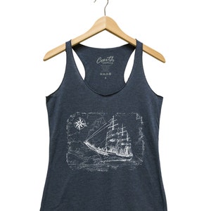 Damen Tank Top, Segelschiff Tank Top, Siebdruck, Grafik-T-Shirt, Strand Tank Top, Damenmode, Blau Tank Top, Weiß Tank Top