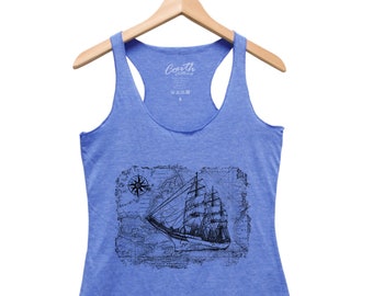 Graphic Tee, Sailing Ship Tank Top, Women Tank Top, Triblend Racerback Tank Top, Hand Screen Print, White Tank Top, Blue Tank Top