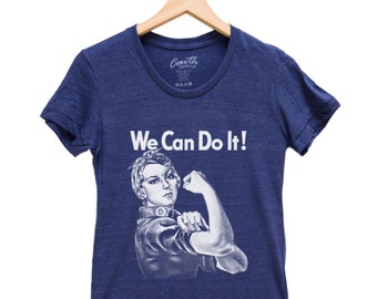 Womens Junior T-shirt, Rosie Shirt, We Can Do It Shirt, Rosie the Reveter, Scoop Neck, Graphic Tee, Blue Tshirt, Gifr for Women