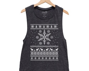Christmas Gift, Ugly Sweater Tank, Muscle Tee, Funny Shirt, Screen Print, Christmas Shirt, Holiday Shirt, Gift for Women, Tank Top for Women