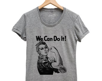 Womens Junior T-shirt, Rosie Shirt, We Can Do It Shirt, Rosie the Reveter, Scoop Neck, Graphic Tee, Gray Tshirt, Gifr for Women