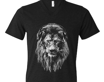 Lion T-shirt, Men's Graphic Tee, Custom Hand Screen Print, Tri-Blend Short Sleeve, Headphone T-shirt, Animal T-shirt, Unisex T-shirt