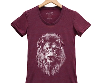 Lion Shirt, Womens Junior T-shirt, Animal Print Tshirt, Headphone T-shirt, Short Sleeve T-shirt, Gift for Women, Screen Print, Graphic Tee