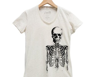 Skeleton Tshirt, Womens Junior Tshirt, Halloween Shirt, Screen Print, Short Sleeve Tshirt, Black T-shirt, Halloween Costume, Party T-shirt