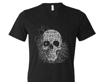 Skull Tshirt, Halloween Shirt, Men Graphic Tee, Black tshirt, Halloween Costume, Pumpkin, Gothic, Tshirt Men, Funny Shirt, V-neck Tshirt