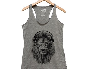 Lion Tank Top - Racerback Tank Top - Womens Shirt -  Cute Animal Shirt - Gift Idea - Cat Lover - Black Shirt - White Tank - Funny Shirt