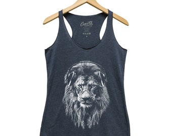 Lion Tank Top - Racerback Tank Top - Womens Shirt -  Cute Animal Shirt - Gift Idea - Cat Lover - Black Shirt - White Tank - Funny Shirt