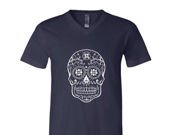 Halloween Tshirt, Mens Tshirt, Unisex Tshirt, Sugar Skull Tshirt, V-Neck, Screen Print, Halloween Costume, Halloween Gift, Goth Shirt,
