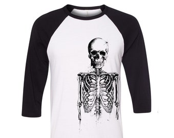 Skeleton Tshirt, Baseball Shirt, Unisex Raglan Tshirt,  Halloween Shirt, 3/4 Sleeve, Funny Shirt, Birthday Gift, Graphic Tee