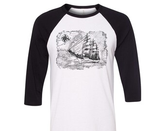 Graphic Tshirt for Women, Baseball Shirt, Raglan Tshirt, Travel Outfit, 3/4 Sleeve, Funny Shirt, Birthday Gift, Sea Shirt, Map Tshirt