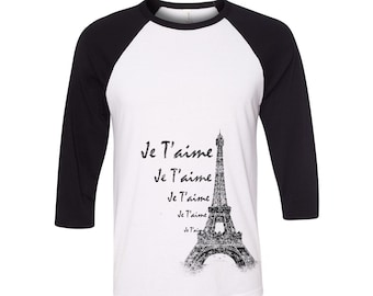 Eiffel Tower Tshirt, Baseball Shirt, Unisex Raglan Tshirt,  Vacation Shirt, 3/4 Sleeve, Funny Shirt, Birthday Gift