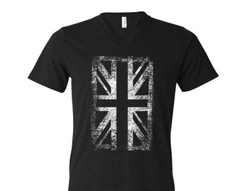 Union Jack Tshirt, Men Graphic Tee, Custom Hand Screen Print, Tri-Blend Short Sleeve, Vacation Shirt, UK Flag T-shirt, Women T-shirt