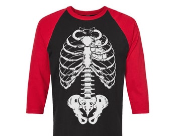 Skeleton Tshirt, Baseball Shirt, Unisex Raglan Tshirt,  Halloween Shirt, 3/4 Sleeve, Funny Shirt, Birthday Gift, Graphic Tee