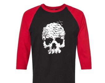 Skull Tshirt, Baseball Shirt, Unisex Raglan Tshirt,  Halloween Shirt, 3/4 Sleeve, Funny Shirt, Birthday Gift, Graphic Tee