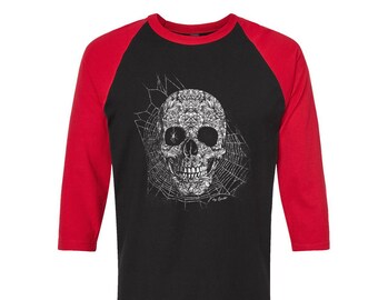 Skull Tshirt, Baseball Shirt, Unisex Raglan Tshirt,  Halloween Shirt, 3/4 Sleeve, Funny Shirt, Birthday Gift, Graphic Tee