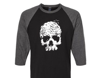 Skull Tshirt, Baseball Shirt, Unisex Raglan Tshirt,  Halloween Shirt, 3/4 Sleeve, Funny Shirt, Birthday Gift, Graphic Tee