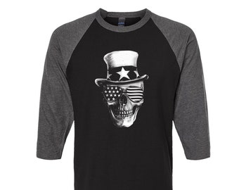 Skull Tshirt, Baseball Shirt, Unisex Raglan Tshirt,  Halloween Shirt, 3/4 Sleeve, Funny Shirt, Birthday Gift, Graphic Tee