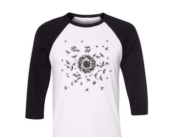 Dandelion Tshirt, Baseball Shirt, Unisex Raglan Tshirt, Nature Shirt, 3/4 Sleeve, Funny Shirt, Birthday Gift, Gardening Shirt, Camping Shirt