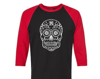 Sugar Skull Tshirt, Baseball Shirt, Unisex Raglan Tshirt,  Halloween Shirt, 3/4 Sleeve, Funny Shirt, Birthday Gift, Graphic Tee