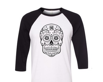 Sugar Skull Tshirt, Baseball Shirt, Unisex Raglan Tshirt,  Halloween Shirt, 3/4 Sleeve, Funny Shirt, Birthday Gift, Graphic Tee