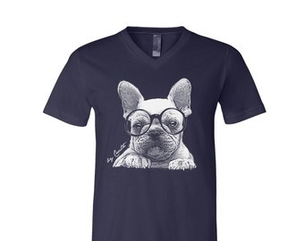 Dog Tshirt, French Bulldog Shirt, Unisex Tshirt, Men's Graphic Tee, Screen Print Shirt, V-Neck Tshirt, Gift for Dad, Gift for Men