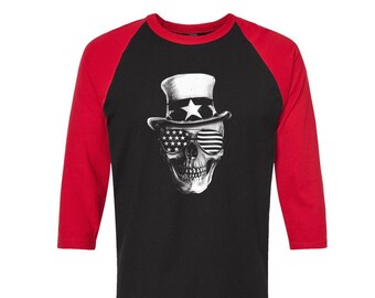 Skull Tshirt, Baseball Shirt, Unisex Raglan Tshirt,  Halloween Shirt, 3/4 Sleeve, Funny Shirt, Birthday Gift, Graphic Tee