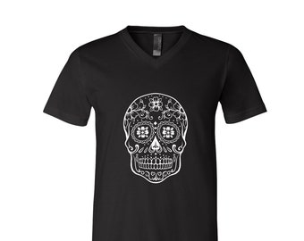 Halloween Tshirt, Mens Tshirt, Unisex Tshirt, Sugar Skull Tshirt, V-Neck, Screen Print, Halloween Costume, Halloween Gift, Goth Shirt,