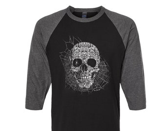 Skull Tshirt, Baseball Shirt, Unisex Raglan Tshirt,  Halloween Shirt, 3/4 Sleeve, Funny Shirt, Birthday Gift, Graphic Tee