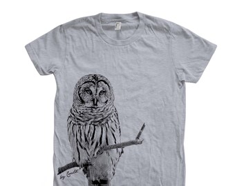 Owl Tshirt, Womens Junior Tshirt, Crew Neck, Cotton T-shirt, Bird Print, Cute Animal Print Tee, Graphic Tee, Bird Lover Gift