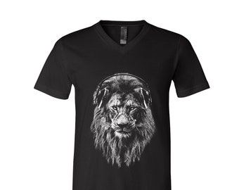 Lion T-shirt, Unisex Tshirt, Men's Graphic Tee, Screen Print Shirt, V-Neck Tshirt, Gift for Dad, Gift for Men, Black T-shirt