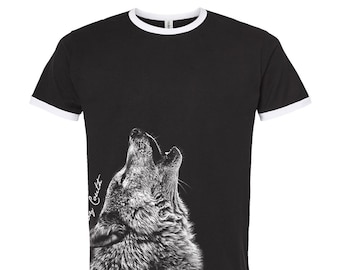 Wolf Men Tshirt, Nature Tshirt, Unisex Cotton Ringer T-Shirt, Vintage Shirt, Animal Shirt, Camping Shirt, Birthday Gift, Funny Tshirt
