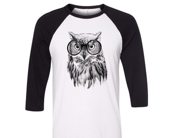 Owl Tshirt, Baseball Shirt, Unisex Raglan Tshirt,  Animal Shirt, 3/4 Sleeve, Bird Shirt, Funny Shirt, Birthday Gift, Graphic Tee