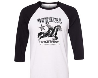 Cowgirl Tshirt for Women, Baseball Shirt, Raglan Tshirt,  Country Outfit, 3/4 Sleeve, Funny Shirt, Birthday Gift, Shirt with Horse