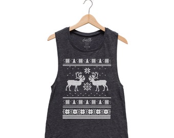Christmas Shirt, Ugly Sweater Tank, Muscle Tee, Funny, Screen Print, Christmas Shirt, Holiday Shirt, Gift for Women, Tank Top for Women