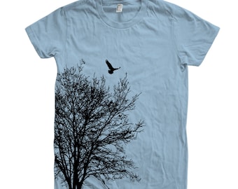 Tree Shirt, Womens Junior Tshirt, Tree Tshirt, Neck, Cotton T-shirt, Bird Shirt, Short Sleeve, Gift for Women, Nature Shirt, Camping Shirt
