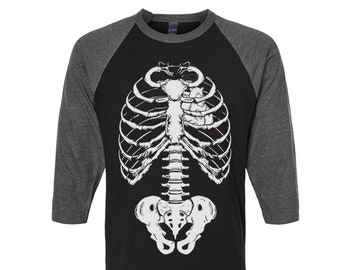 Skeleton Tshirt, Baseball Shirt, Unisex Raglan Tshirt,  Halloween Shirt, 3/4 Sleeve, Funny Shirt, Birthday Gift, Graphic Tee