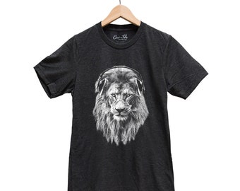 Lion T-shirt, Men's Graphic Tee, Custom Hand Screen Print, Tri-Blend Short Sleeve, Headphone T-shirt, Animal T-shirt, Unisex T-shirt