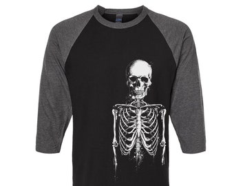 Skeleton Tshirt, Baseball Shirt, Unisex Raglan Tshirt,  Halloween Shirt, 3/4 Sleeve, Funny Shirt, Birthday Gift, Graphic Tee