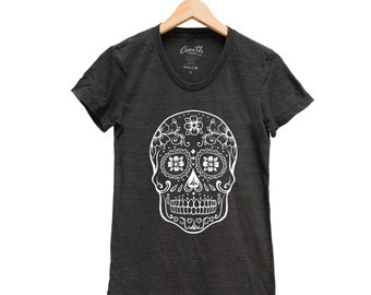 Sugar Skull Shirt, Womens Junior Tshirt, Halloween Tshirt, Screen Print T-shirt, Graphic Tee, Halloween Costume, Party Shirt