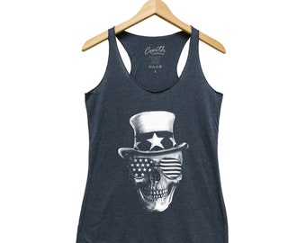 Skull, 4th of JULY AMERICAN FLAG, Women Tank Top, Triblend Racerback Tank Top, Hand Screen Print, Black Shirt