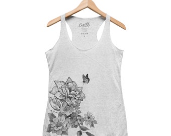 Flower Tank Top - Womens Tank Top - Triblend Racerback - Screen Print - Gift for Women - Butterfly Tank Top - Flowy Tank Top - Racerback