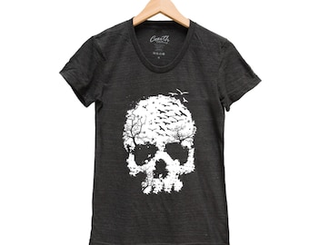 Skull Shirt, Womens Junior Tshirt, Halloween Tshirt, Screen Print T-shirt, Graphic Tee, Shirt Sleeve T-shirt, Halloween Costume, Party Shirt