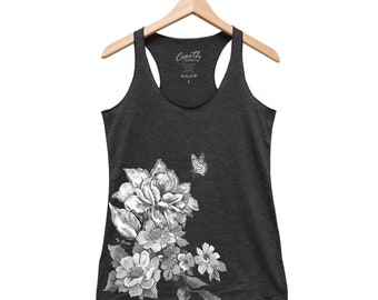 Flower Tank Top - Womens Tank Top - Triblend Racerback - Screen Print - Gift for Women - Butterfly Tank Top - Flowy Tank Top - Racerback