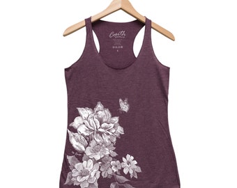 Women's Tank Top, Flower Print Tank Top, Mother's Day Gift, Gift for Mom, Gift for Grandma, Triblend Racerback Tank Top, Hand Screen Print
