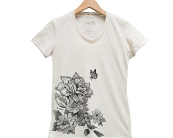 Flower Shirt, Women Junior T-shirt, Scoop Neck, Custom Hand Screen Print, Tri-Blend Graphic Tee, Short Sleeve Tshirt, Floral Shirt