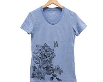 Flower Shirt, Women Junior T-shirt, Scoop Neck, Custom Hand Screen Print, Tri-Blend Graphic Tee, Short Sleeve Tshirt, Floral Shirt