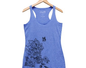 Flower Tank Top, Women's Tank Top, Yoga Tank Top, Flower Shirt, Butterfly Tank Top, Wild Flower, Grey Tank Top, Gift for Women