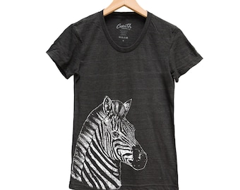 ZEBRA Print Junior Shirt Women Custom Hand Screen Print Tri-Blend Short Sleeve Tshirt Available: S, M, L, XL