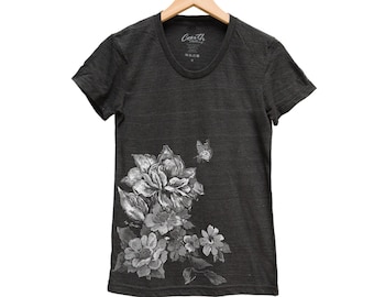 Flower Shirt, Women Junior T-shirt, Scoop Neck, Custom Hand Screen Print, Tri-Blend Graphic Tee, Short Sleeve Tshirt, Floral Shirt
